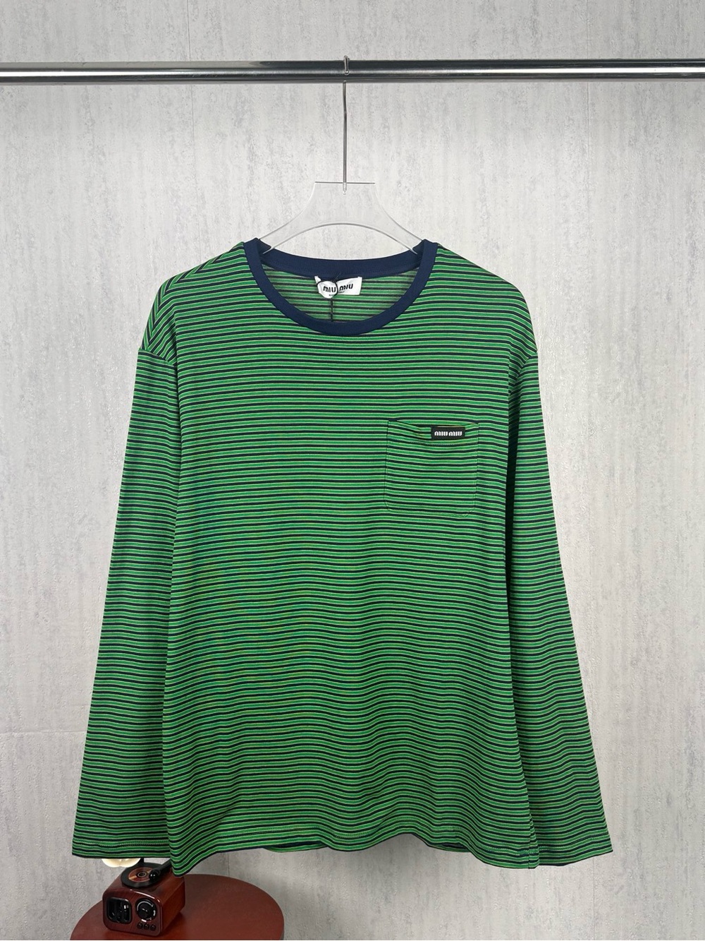 MIU MIU green striped long-sleeved T-shirt
